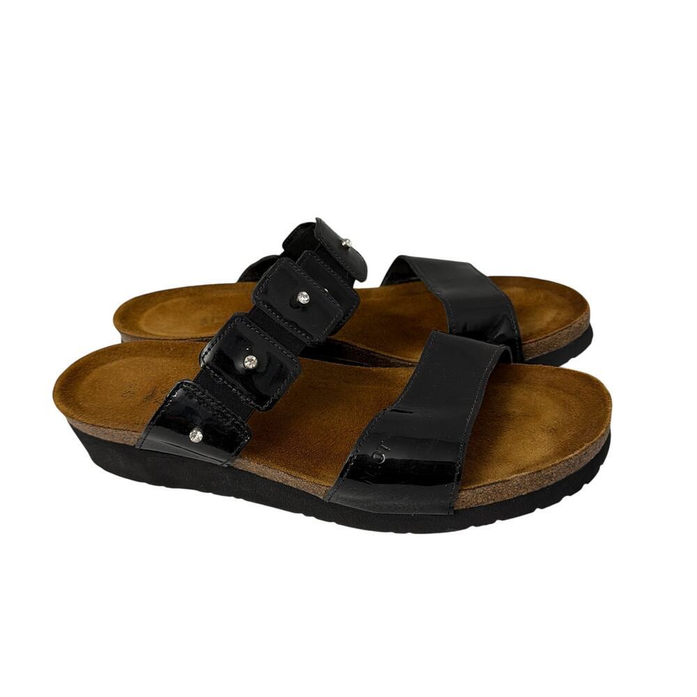 Naot Sandals Womens Size 11 Ashley Black Leather Rhinestone Wedge Cork Insole 42